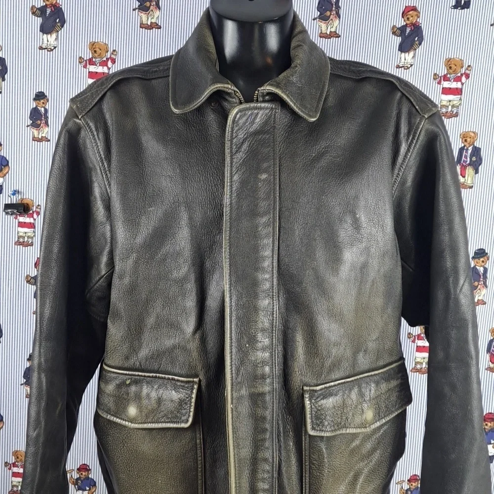 Vintage L.L.Bean flap pocket full zip distressed XL brown leather lined jacket
